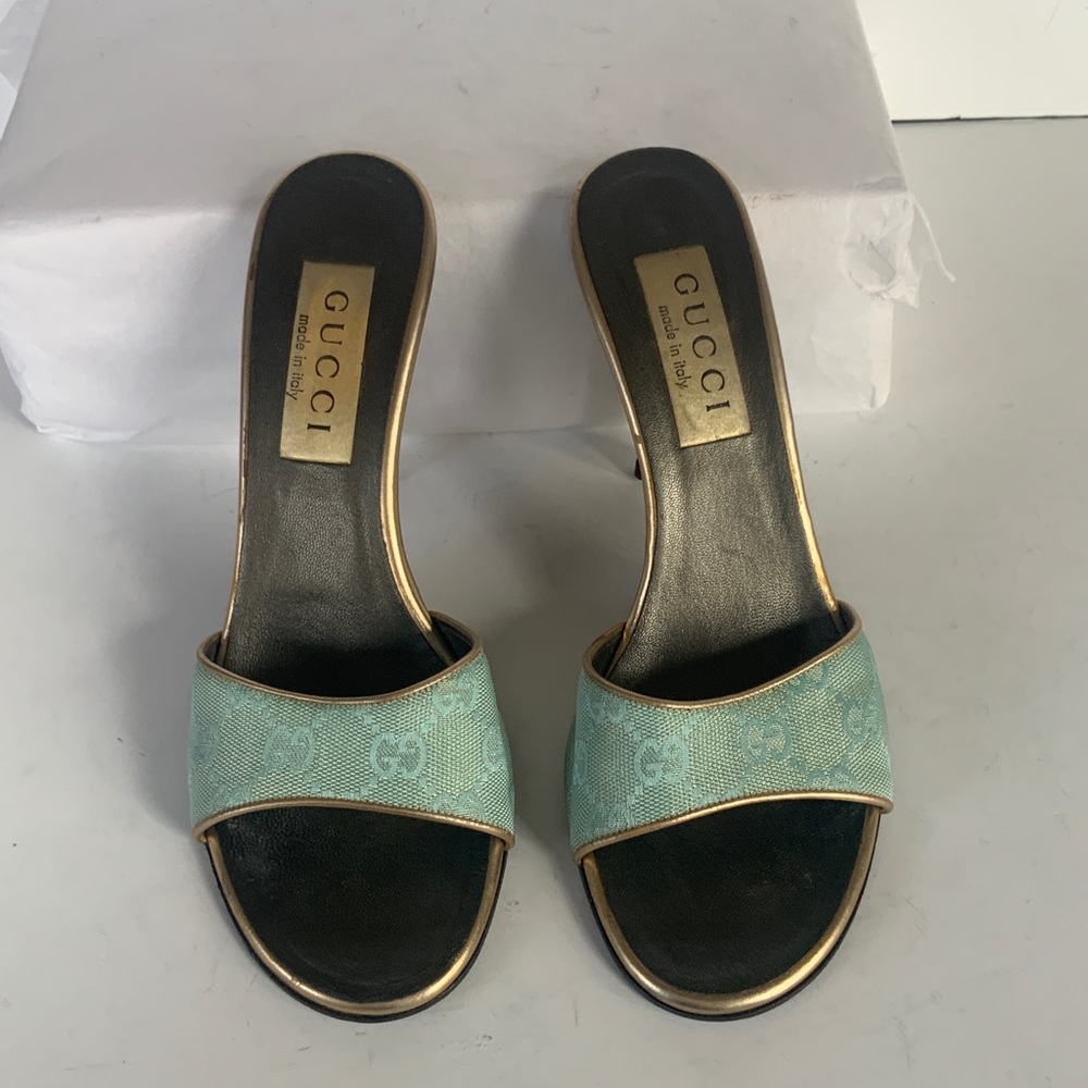 Gucci GG logo blue green canvas slide sandal  37.5 - Picture 5 of 8